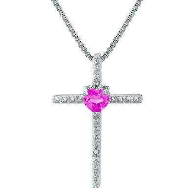 #ad .30 Ct Heart Pink Sapphire Diamond Sterling Silver Cross Pendant 18quot; Chain