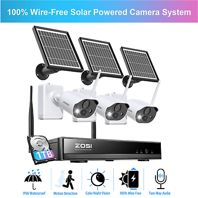 #ad ZOSI 8CH 2K 3MP Wire Free Battery Solar Powered Security Camera System AI Detect