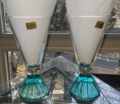 2 Vintage Luminarc Champagne Flute Wine Glass France Teal Ice Cube Base Replace