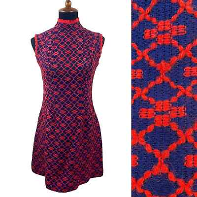 #ad #ad Vintage 60’s Sleeveless High Neck Dress Red Blue Crochet Edge Size 4