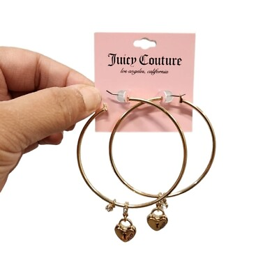 #ad Juicy Couture Gold Toned Oversized Hoops Bling Heart Locket Earrings New