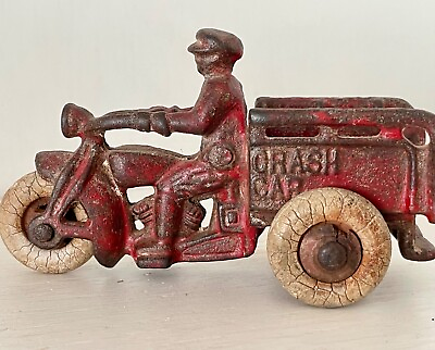 #ad Rare Antique 1930 Cast Iron Hubley Crash Car Motorcycle Lovely Red Paint patina
