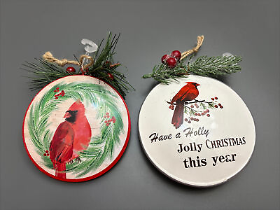 #ad 2 Metal Christmas Ornaments Holiday Wishes Rustic Bird Red Cardinal 4” Round