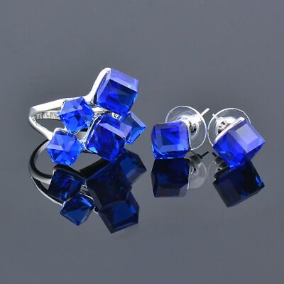 #ad Crystal Cube Jewelry Sets Blue Cocktail Ring Stud Earrings Women Jewelries Gifts