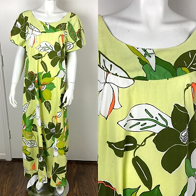 #ad Vintage 60s 70s Floral Hawaiian Barkcloth Maxi Dress Penneys Hawaii L Caftan