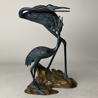 Vintage Cast Bronze Brass Cranes Sculpture 10”x6.25”x6”