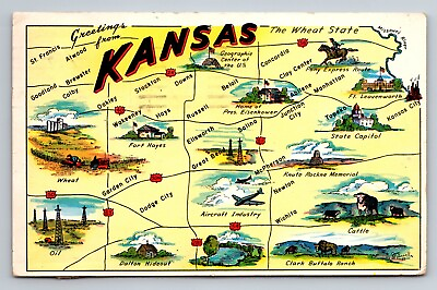 #ad #ad Greetings From Kansas Map of the Wheat State Posted 1959 Gallup N. Mexico