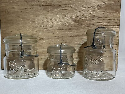 #ad Vintage Ball Ideal Eclipse Wide Mouth Glass Jars w Lids. 3 Jars. Wire Lock.