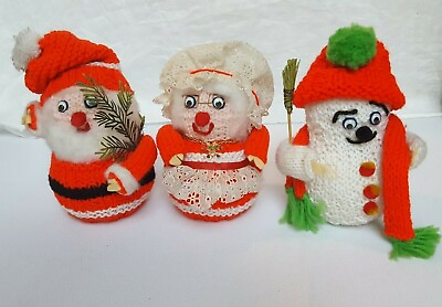 #ad Vintage Handmade Knit Santa amp; Mrs Claus amp; Snowman over Styrofoam Balls Christmas