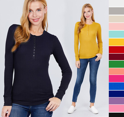 #ad Women#x27;s Cozy Thermal Henley Shirt Top Stretch Cotton Long Sleeve Pullover Basic