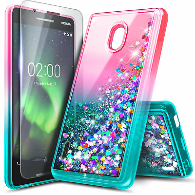 For Nokia 3.1 A Nokia 3.1 C Case Liquid Glitter Bling Cover Tempered Glass