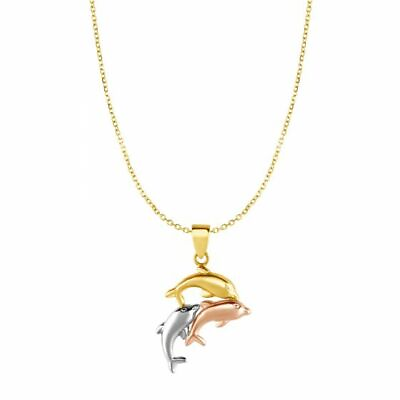 #ad Triple Dolphin Necklace Tri color 10k Yellow Gold White Gold Rose Gold 18quot; Chain