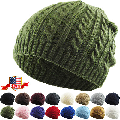 #ad Cable Knit Beanie Solid Cuffless Trendy Stretchy Winter Hat Ski Cap
