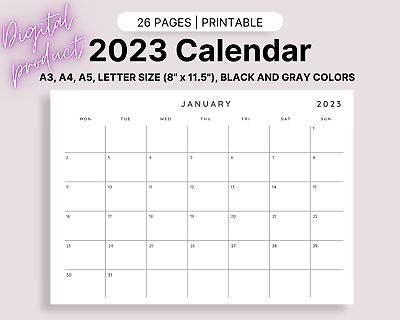 Printable 2023 New Year Calendar Downloadable PDF Print A5 A4 A3 US Letter
