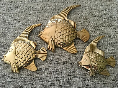3 Vintage Solid Brass Tropical Fish Hanging Wall Art India 3.5quot; 5.5quot; in Length