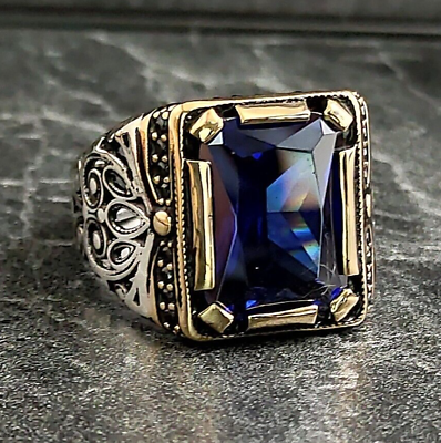 #ad Men Silver Blue Sapphire Gemstone Ring Men Silver Dark Sapphire Stone Ring