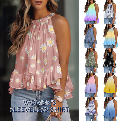 #ad Women Sleeveless Ruffles Shirt Vest Camisole Loose Bohemian Swing Floral Top