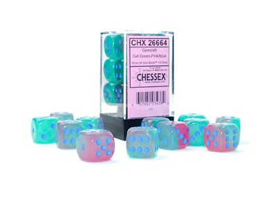 #ad Chessex Gemini Luminary Gel Green with Pink Blue 12 Dice Set 6 Sided 16mm d6