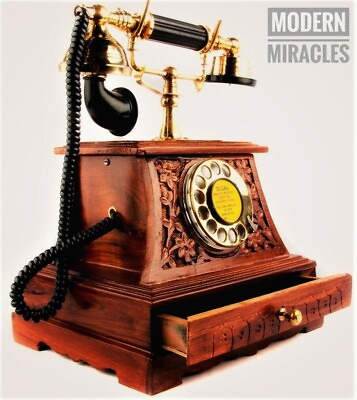 Antique Brass Victorian Rotary Dial Telephone Maharaja Wooden Phone Home Decor