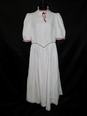 #ad Vintage 70s S White Red Blue Floral Trim Midi Dress High Neck Strawberry Sleeve