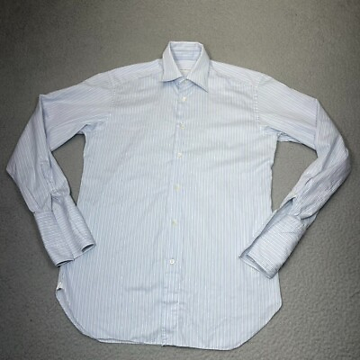 #ad Ermenegildo Zegna Shirt Mens Small Blue White Striped Button French Dress Casual