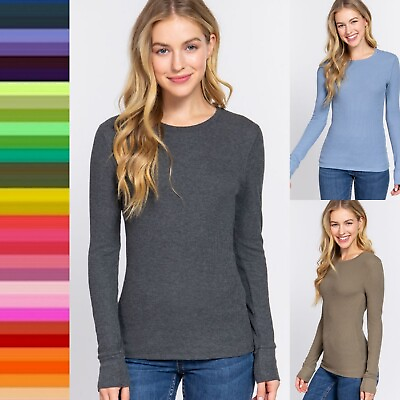 #ad Crew Neck Long Sleeve Thermal Shirt Soft Lightweight Cotton Waffle Knit Warm Top