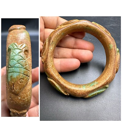 #ad 200 Years Old Carved Tibetan Jade Stone Bangle With Fish Carved Around
