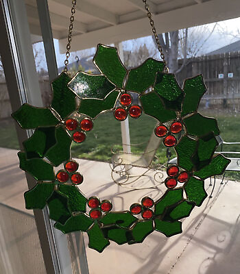 Vintage Stained Glass Christmas Holly Wreath Window Ornament Hanging Suncatcher