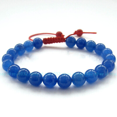 #ad 8mm Blue Jade Round Gems Tibet Buddhist Prayer Beads Mala Bracelet 7.5#x27;#x27;