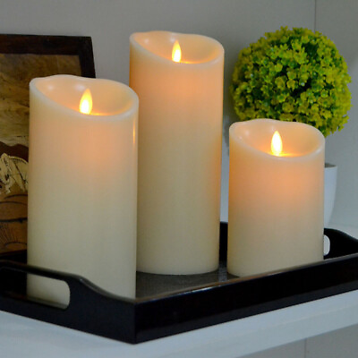 Luminara Flameless Wax Scented Candle Pillar Moving Flame Ivory Remote Set of 3