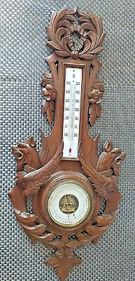 #ad 32quot; Antique Wall Wood Carved Black Forest Dragon Griffon Barometer Thermometer