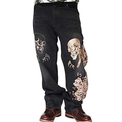 #ad Mens Jeans Japanese Pattern Embroidery Denim Skull Skeleton Sakura Ukiyoe Black