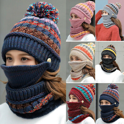 Women#x27;s 3Pcs Winter Beanie Scarf Cable Hat Face Mask Snood Neck Pompom Cap Set