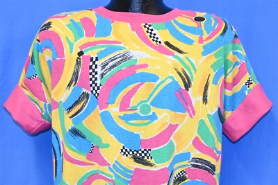 #ad vintage 80s GEOMETRIC PRINT COLORFUL PARTY KALEIDOSCOPE PINK t shirt MEDIUM M