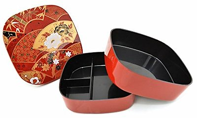 Japanese 6quot;W Lacquer Sensu Fan Lunch Bento Stack Box 2 Tier Red Made in Japan