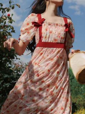 #ad Kawaii Sweet Floral Dress Women Bow ShortSleeve Korean SummerCasual French Dress