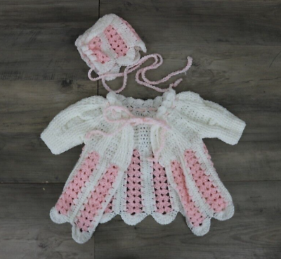 #ad Handmade Vintage Crochet Knit Baby Cardigan Sweater amp; Bonnet Size 3 6 Month Pink