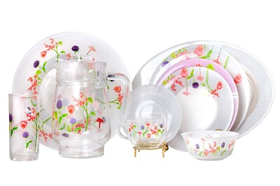 #ad 46 pc LUMINARC Rosanna Begonia Tableware Set Tempered Glass Made in UAEFloral