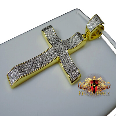#ad Yellow Gold Finish Real Diamond Micro Jesus Cross Piece Pendant Charm Chain Set