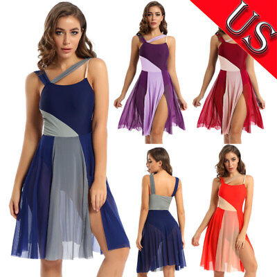 US Women Sleeveless Mesh Color Block Leotard Dress Contemporary Dance Costume