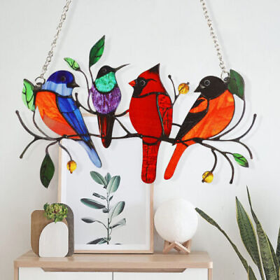#ad Multicolor Birds On Branch Stained Suncatcher Metal Panel Window Hanging Decor