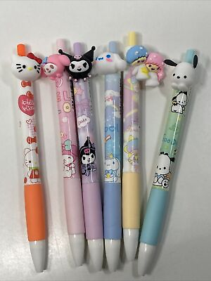 Sanrio Hello Kitty and Friends Lot of 6 Black Ink Pens Kuromi My Melody Pochacco