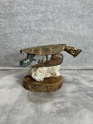 Vtg Sea Turtle Copper Brass Art on Driftwood Coral Table Decor Coastal