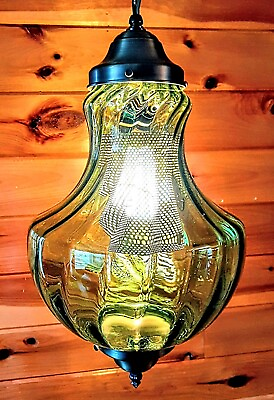 Vtg Antique 1960#x27;s 70#x27;s MCM Retro Green Swirl Glass Hanging Swag Light Lamp