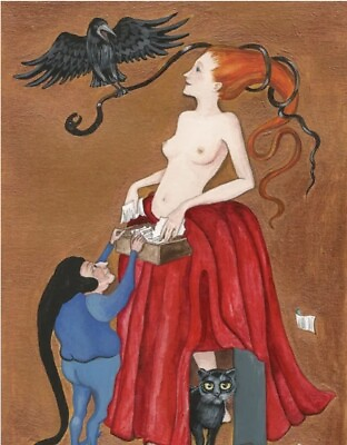#ad 5X7 PRINT OF PAINTING RYTA NUDE Witch Halloween black cat pagan Art monster crow
