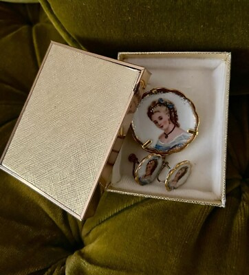 #ad Vintage 1940s Limoges Hand Painted Porcelain Cameo like Earrings and Brooch Set