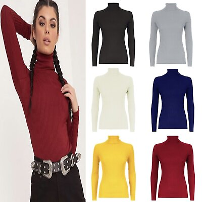#ad Women Ladies Long Sleeves Ribbed Winter Turtle Polo Neck Jumper Top Sizes 8 26