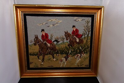 1970 Vintage English Fox Hunting Scene Needlepoint Tapestry Framed 16quot; x 14quot;