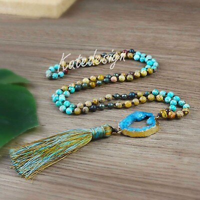 #ad Blue Druzy Agate Pendant Mala Beads Healing Reiki Women Men Tassel Necklace Gift