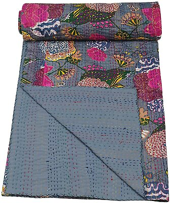 #ad Indian Fruit Print Cotton Fabric Hand block Print Twin Size Bedding Kantha Quilt